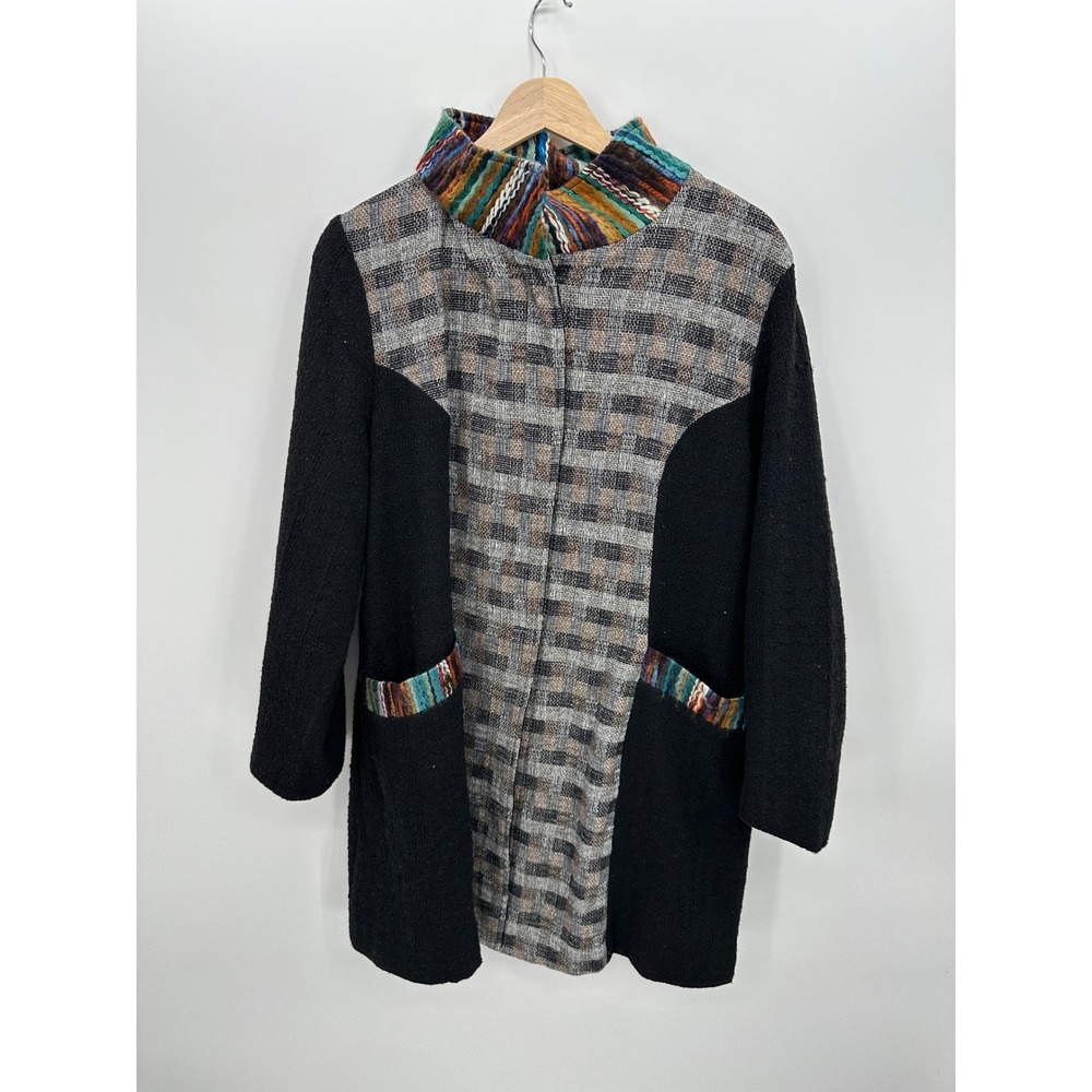Donna White Coats Womens Sz L Plaid Mixed Media Snap Collar Jacket Artsy Unique